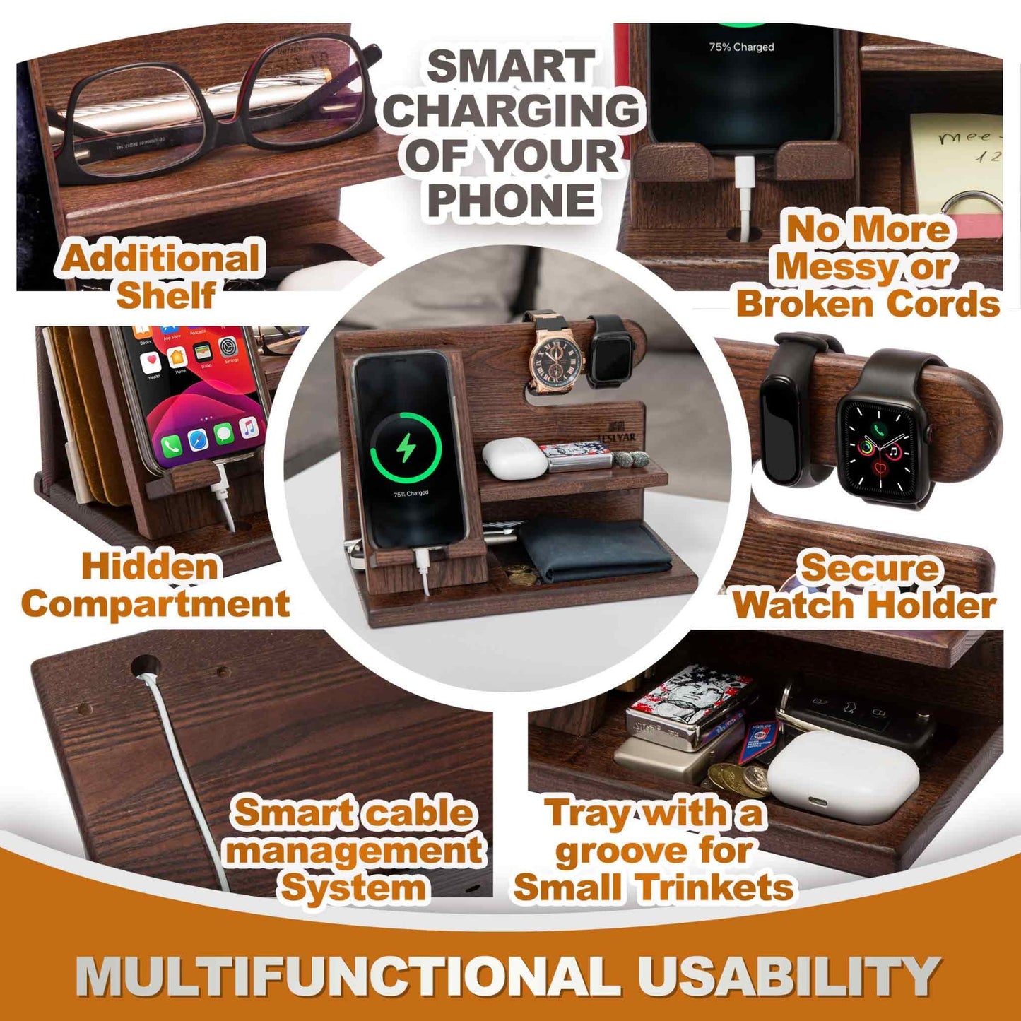 Wooden Phone Docking Station - Multifunctional Desk Organizer