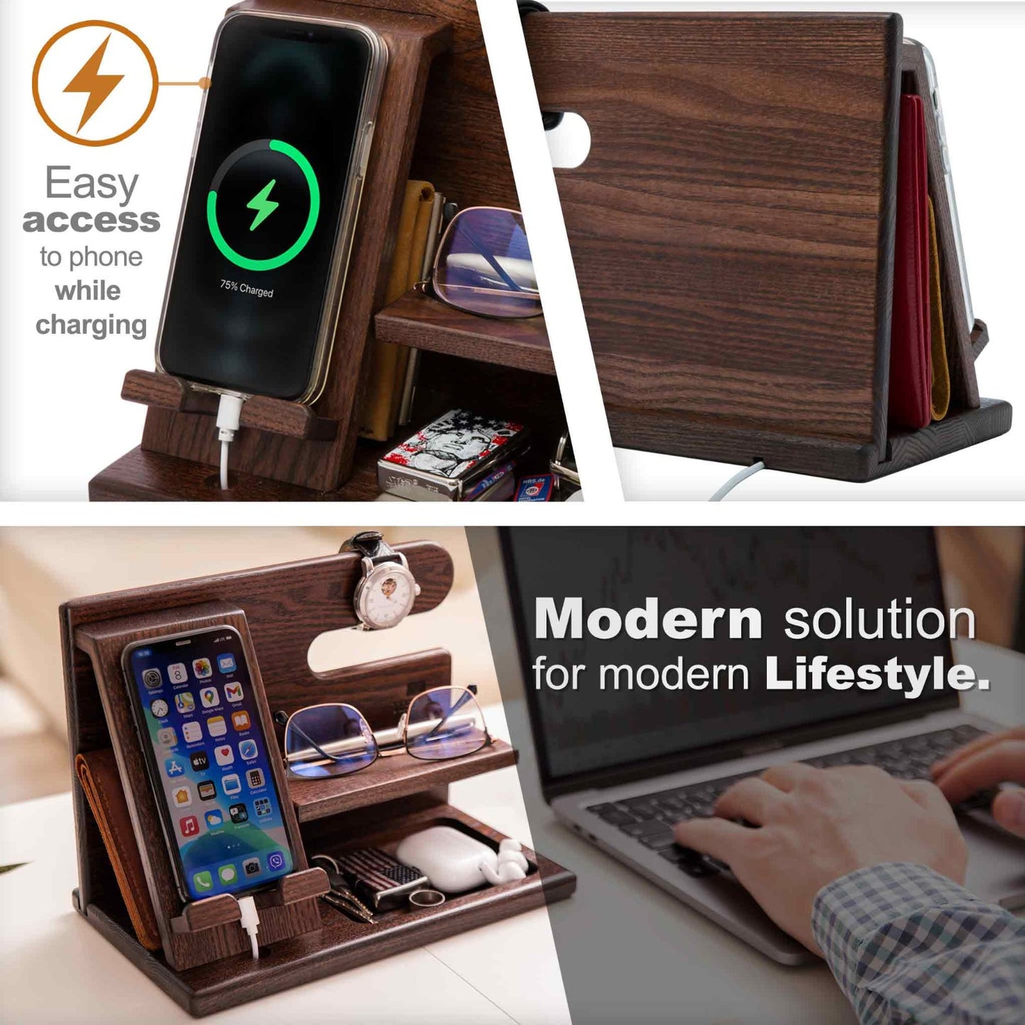 Wooden Phone Docking Station - Multifunctional Desk Organizer