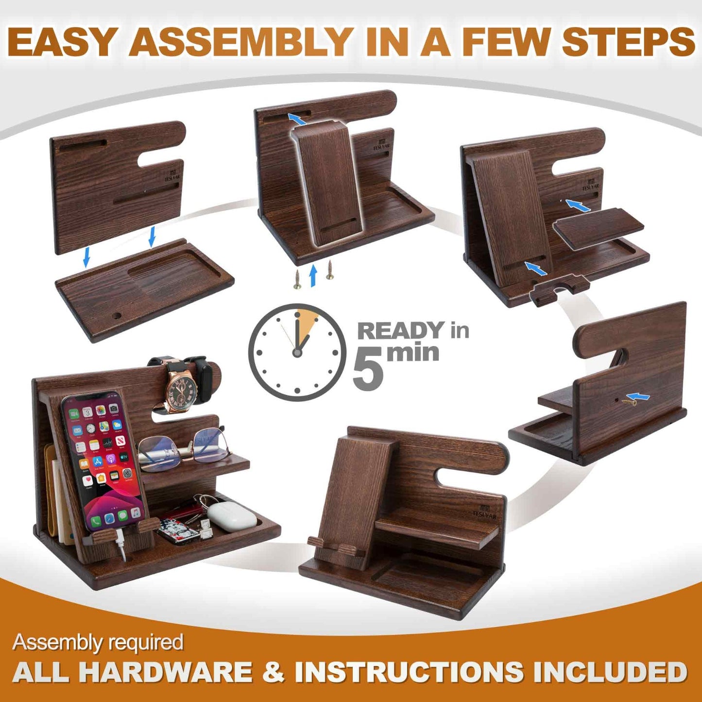 Wooden Phone Docking Station - Multifunctional Desk Organizer