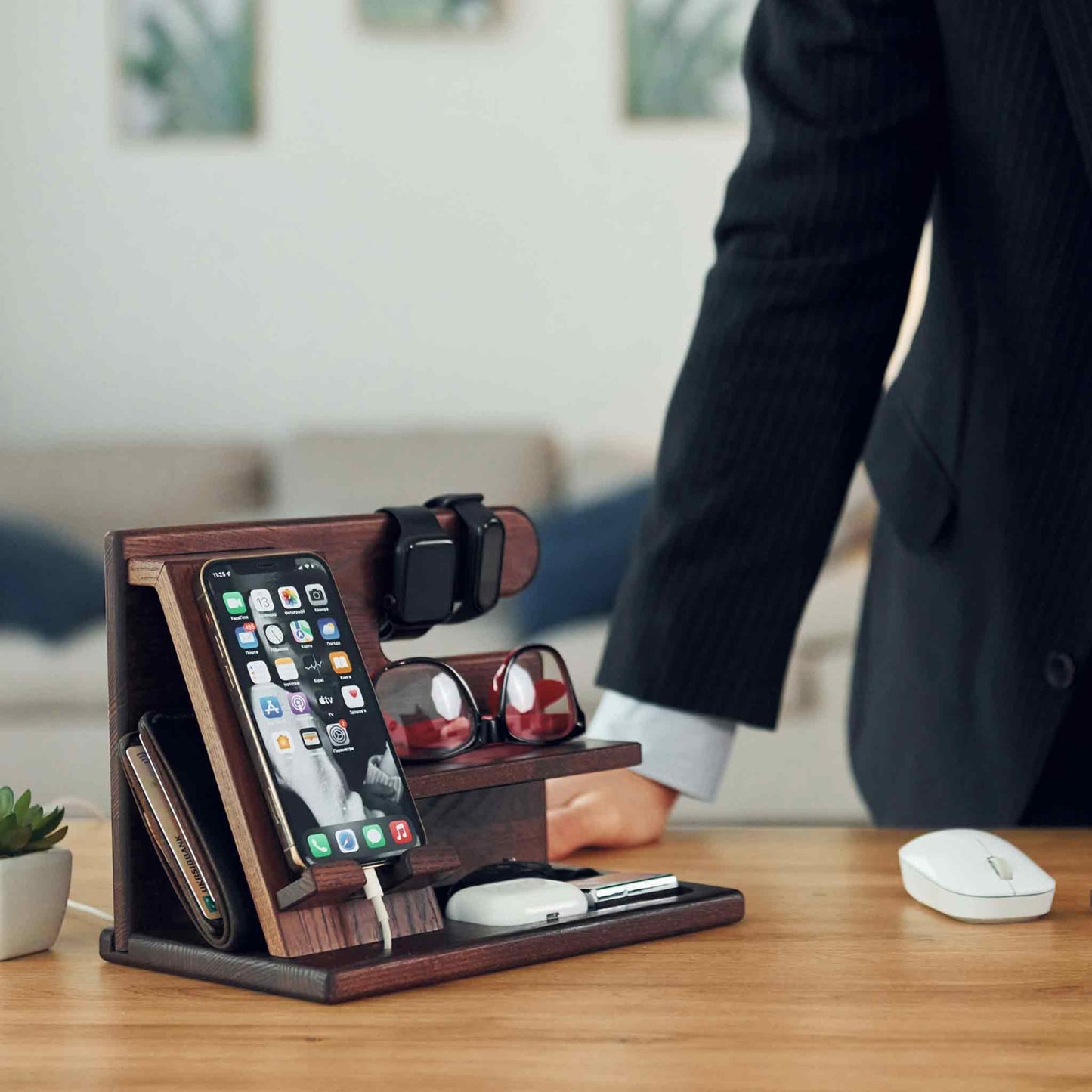 Wooden Phone Docking Station - Multifunctional Desk Organizer