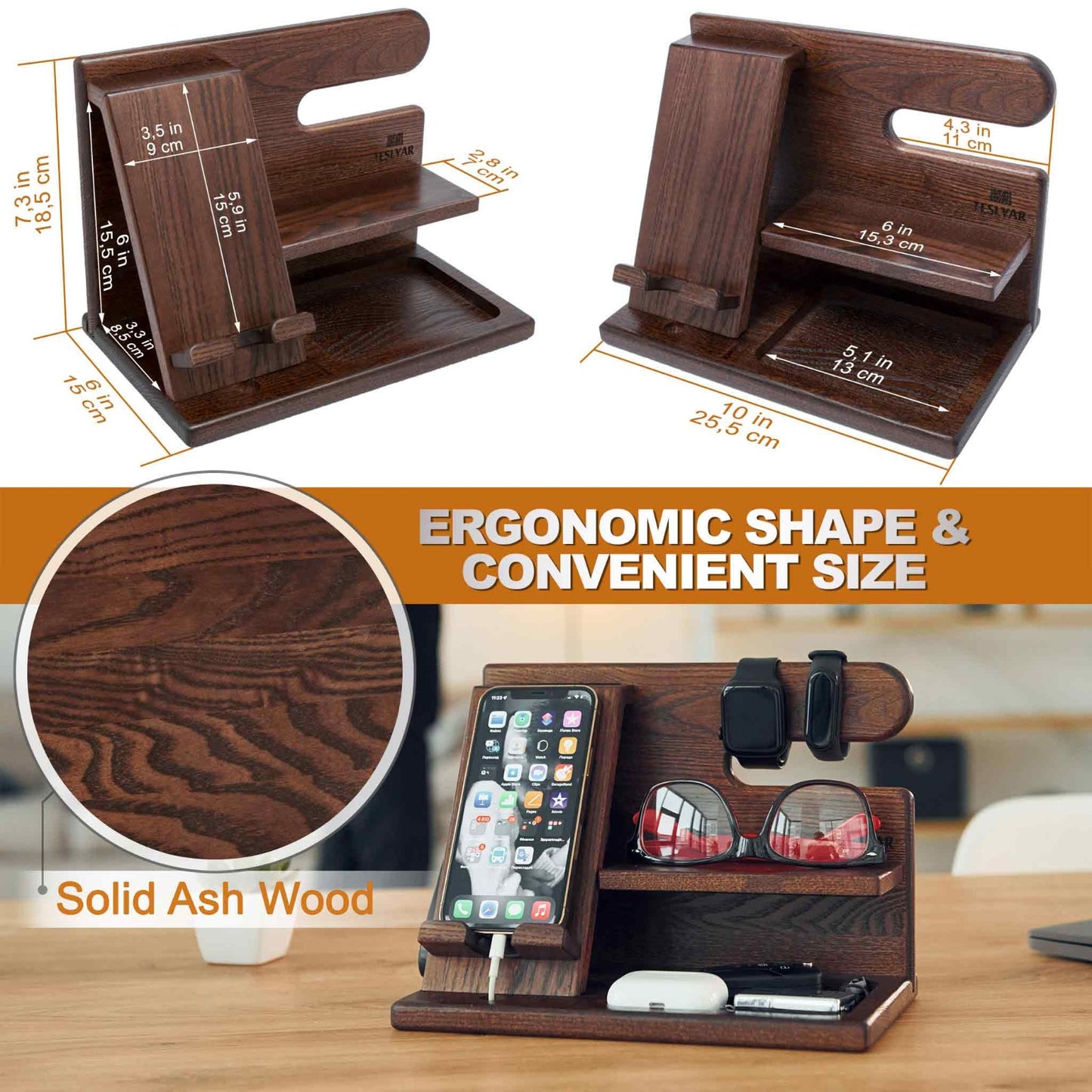 Wooden Phone Docking Station - Multifunctional Desk Organizer