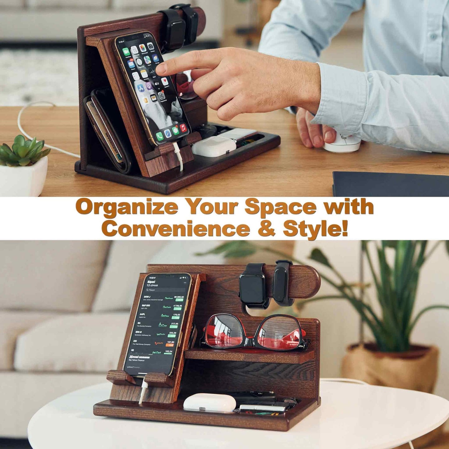 Wooden Phone Docking Station - Multifunctional Desk Organizer