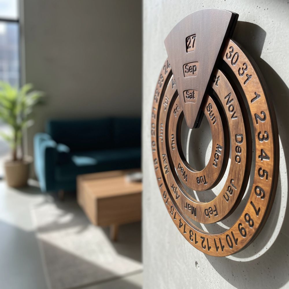 round wooden perpetual wall calendar for home and office